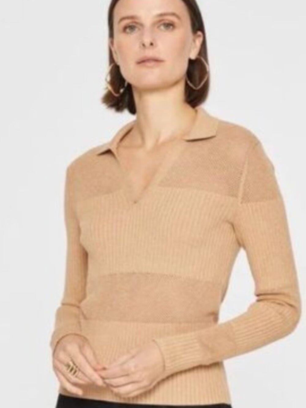 Club Monaco Ribbed Knit Polo Sweater Camel Tan Size XXS